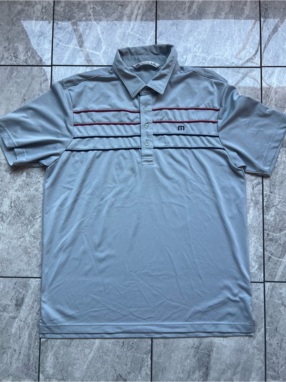 TravisMathew Coto Mens Chest Stripe Short Sleeve Golf Polo Shirt Gray Blue/Red L